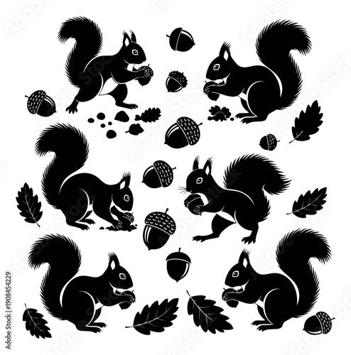 Graphic squirrel and acorn set featuring animals in various poses with oak leaves for autumn themes