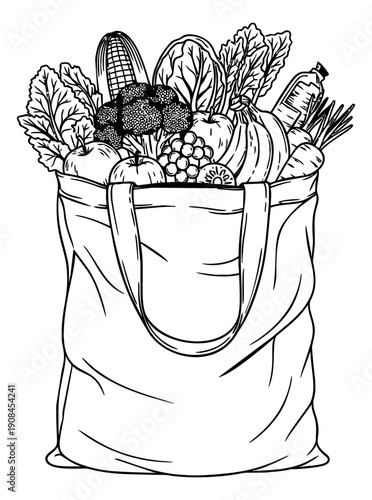 Hand drawn line art illustration of a reusable shopping bag depicting fresh produce and healthy food for sustainable living
