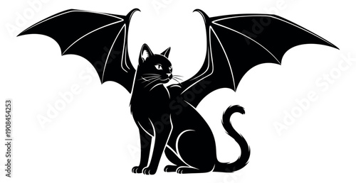 Stylized illustration of a winged black cat depicting it sitting for halloween