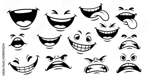 Cartoon line art facial expressions set featuring various emotions for character design
