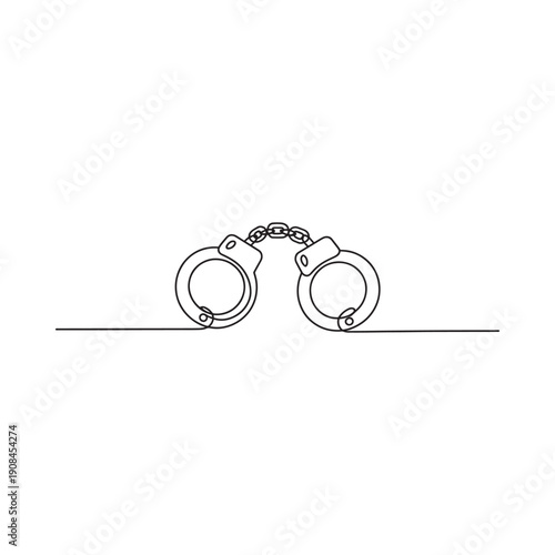 A minimalist linear drawing showcases a pair of silver metal handcuffs on a white background