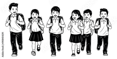 Hand drawn line art students set featuring happy boys and girls with backpacks walking for back to school and education