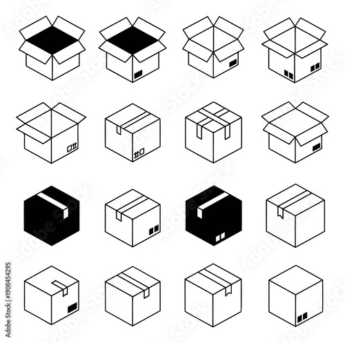 Isometric line art box icons set featuring open and closed cardboard packages for delivery and logistics