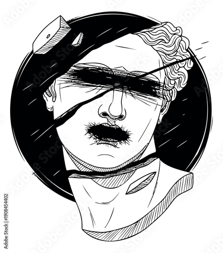 Line art illustration of a classical bust depicting a broken and distorted face for modern artistic expression