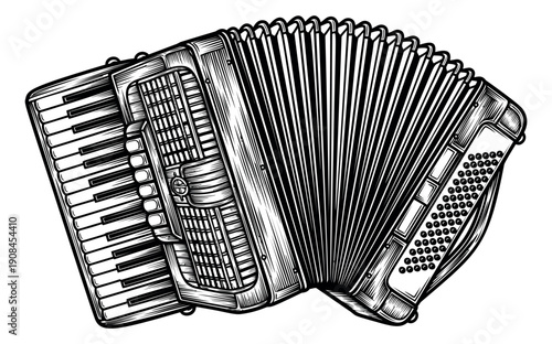 Hand drawn line art illustration of an accordion depicting a classic musical instrument for music and entertainment