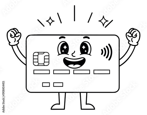 Retro cartoon line art illustration of a credit card character depicting celebration for financial achievements