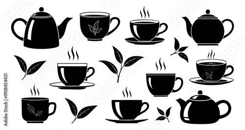 Minimalist graphic tea element set featuring teapots, steaming cups, and fresh leaves for cafe branding