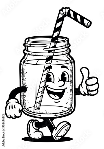 Line art illustration of a smiling mason jar drink character depicting walking and giving a thumbs up for restaurant menu design