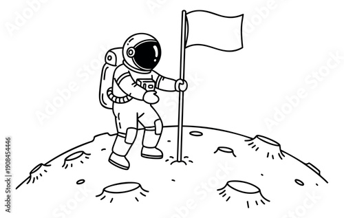 Hand drawn line art illustration of an astronaut depicting a flag planting on the moon for space exploration