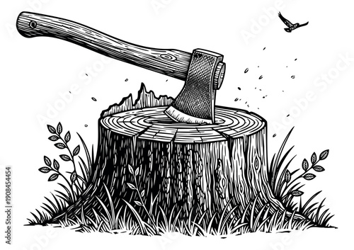 Hand drawn line art illustration of an axe in a tree stump depicting logging activity for nature and environment themes