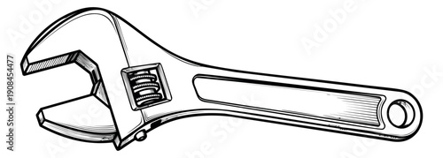 Hand drawn line art illustration of an adjustable wrench depicting an essential tool for repair and maintenance