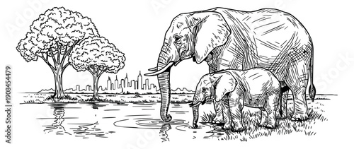 Hand drawn line art illustration of elephants depicting a mother and calf drinking water from a river for environmental and wildlife themes
