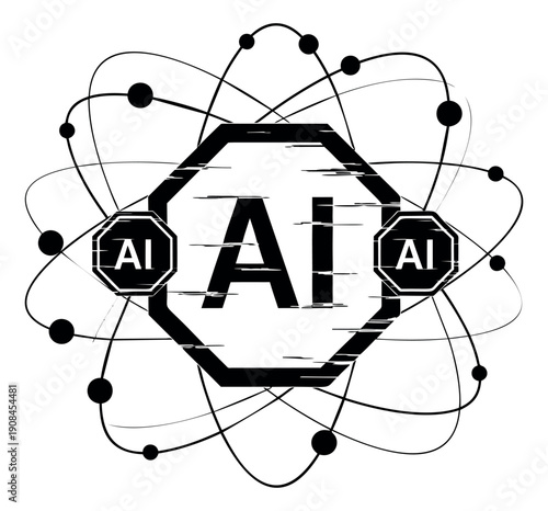 Modern line art illustration of artificial intelligence depicting a glitch effect AI symbol within an orbital structure for technology