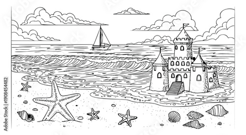 Hand drawn line art illustration of a summer beach scene depicting a sandcastle, sailboat, and marine life for vacation and children's activities