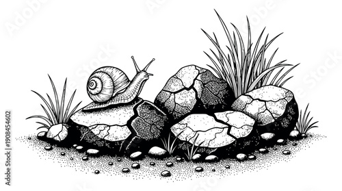 Hand drawn line art illustration of a snail crawling on rocks and grass for nature design