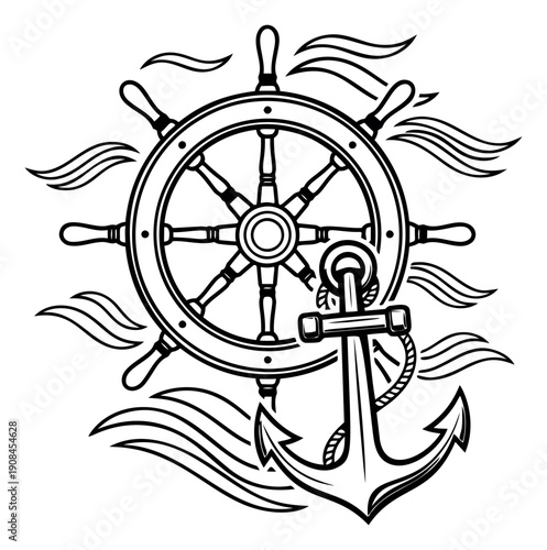 Line art illustration of a ship's wheel and anchor depicting a nautical theme for marine themed design