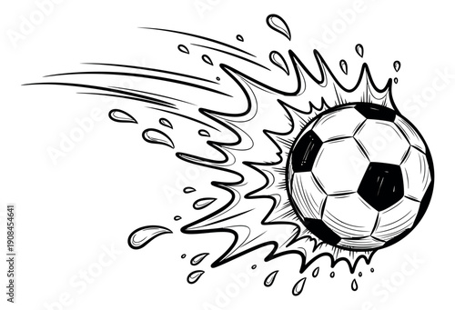 Hand drawn line art illustration of a soccer ball depicting dynamic movement for sports design