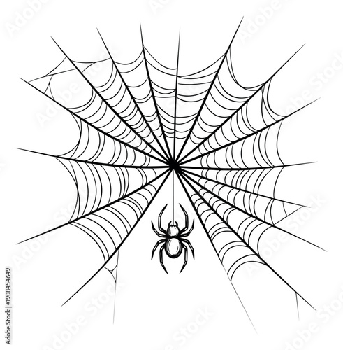 Hand drawn line art illustration of a spider and its web depicting the spider hanging for Halloween celebration