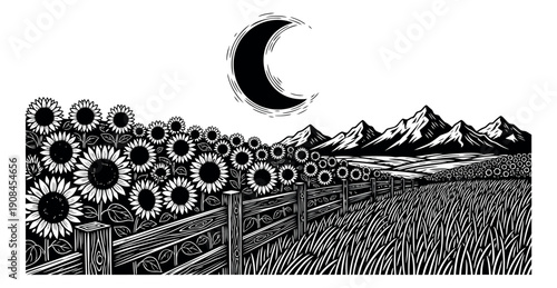 Woodcut style illustration of a sunflower field with mountains and a crescent moon depicting a tranquil evening landscape for natural scenery