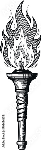 Hand drawn line art illustration of a torch depicting a burning flame for light and symbolism