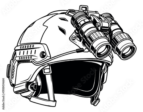 Line art illustration of a tactical helmet depicting night vision goggles for military and security operations