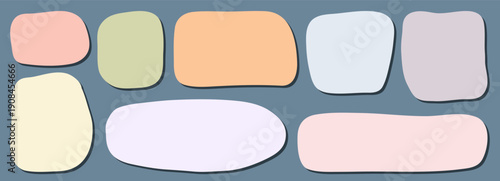 Organic flat blobs. Color wavy organic rectangle with flat shadow. Shape hand text with box drawn rectangle and square banner irregular.  Amoeba textbox shape with wavy silhouette box.
