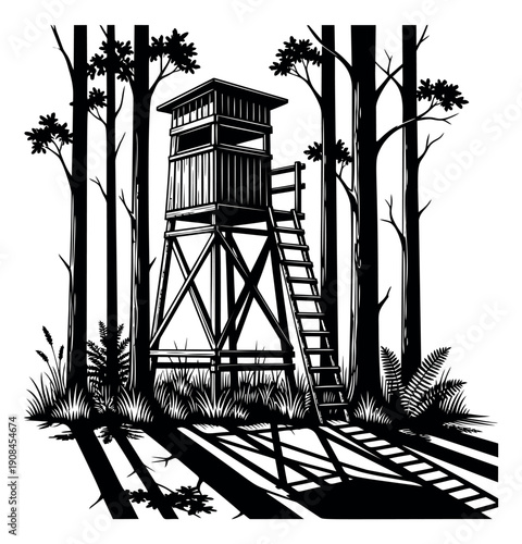 Black and white line art illustration of a hunting stand in a forest depicting a wilderness lookout for rural hunting and nature activities