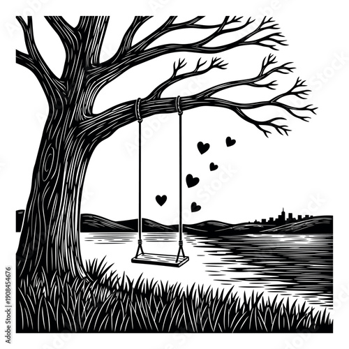 Hand drawn line art illustration of a tree swing depicting a serene lakeside view with flying hearts for romantic and peaceful concepts