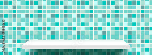 Shelf tile green for bathroom kitchen turquoise and wall product platform. Background podium 3d for stand pedestal empty and square up backdrop. Shelf realistic color for bathroom scene.