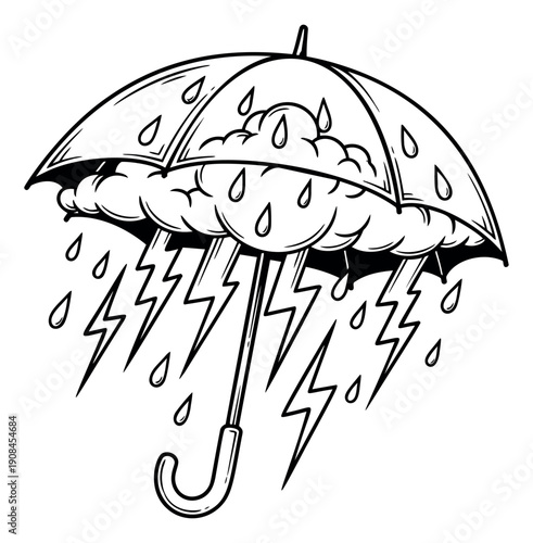 Hand drawn line art illustration of an umbrella depicting clouds, rain, and lightning under its canopy for bad weather concepts