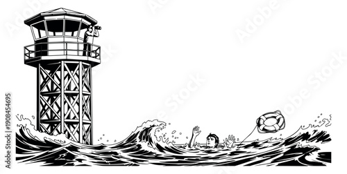 Vintage line art illustration of a lifeguard tower and a drowning person depicting a sea rescue for safety and emergency themes