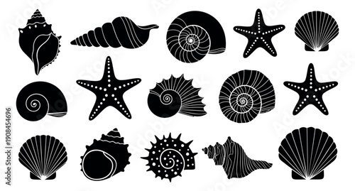 Silhouette marine life set featuring various seashells and starfish for summer designs
