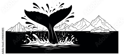 Black and white line art illustration of a whale tail depicting a splash in arctic water with icebergs for ocean conservation