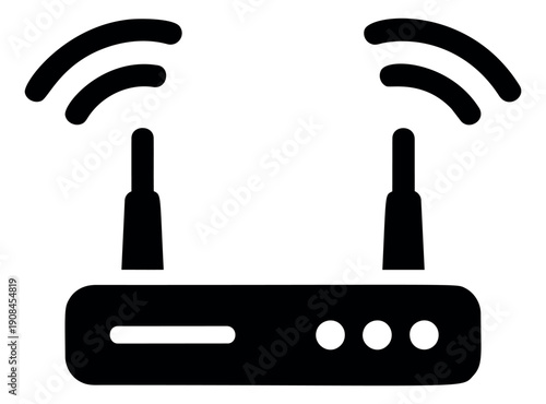 Solid icon illustration of a wi-fi router depicting a transmitting wireless signal for digital connectivity
