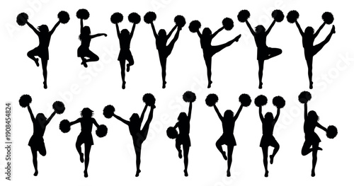 Silhouette vector cheerleader set featuring women performing dynamic poses with pom-poms for sports events