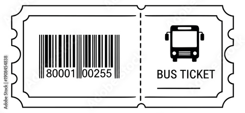 Line art illustration of a bus ticket depicting a barcode and a bus icon for public transportation and travel concepts