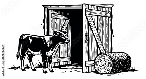 Hand drawn illustration of a cow depicting a farm scene with a barn entrance and hay bale for rural life