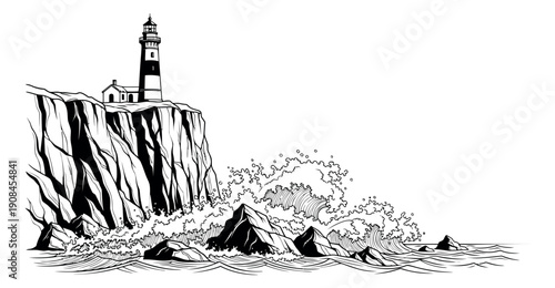 Hand drawn line art illustration of a lighthouse and rocky cliff depicting powerful ocean waves crashing for nautical and maritime designs