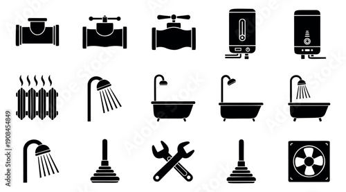 Silhouette icons plumbing and heating set featuring pipes, valves, water heaters, radiators, showers, bathtubs, plungers, wrenches and an exhaust fan for home repair services