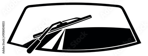 Line art illustration of a car windshield depicting a wiper cleaning for automotive design