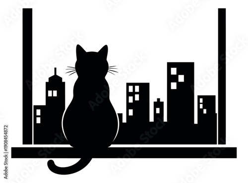 Graphic silhouette illustration of a cat depicting it sitting on a windowsill with a city skyline for urban themes