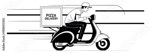 Modern line art illustration of a pizza delivery man depicting fast delivery on a scooter for food service