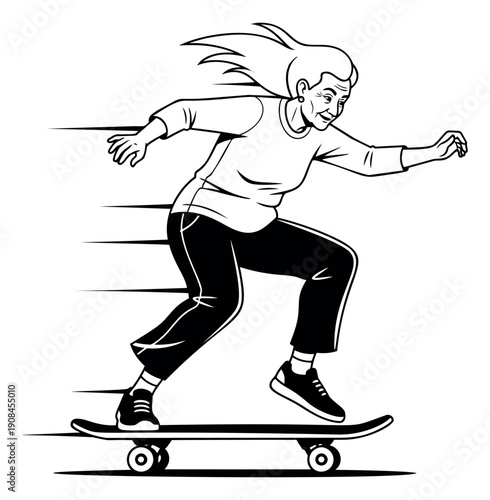 Black and white line art illustration of a senior woman depicting active skateboarding for an active lifestyle