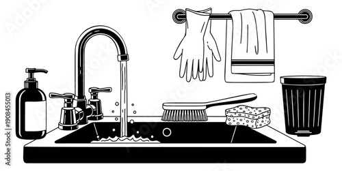 Line art dishwashing supplies set featuring a kitchen sink, soap, and cleaning tools for household concepts