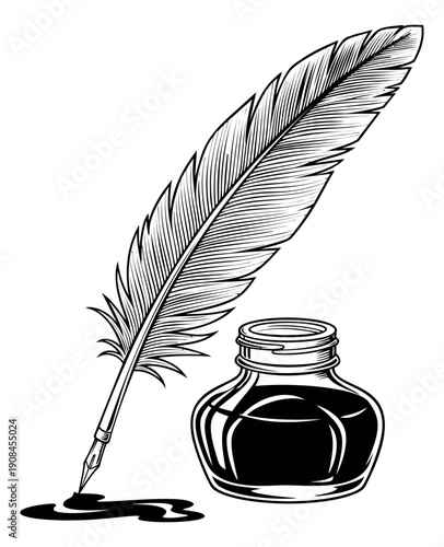 Vintage hand drawn line art writing set featuring a feather quill pen and an inkwell with spilled ink for historical or literary themes