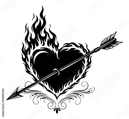 Stylized black and white illustration of a heart pierced by an arrow depicting burning flames for passionate or romantic themes