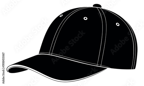 Line art illustration of a baseball cap depicting a classic headwear design for casual style