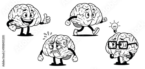 Retro hand drawn cartoon brain character set featuring happy, running, stressed, and thinking expressions for mental health and intellectual concepts