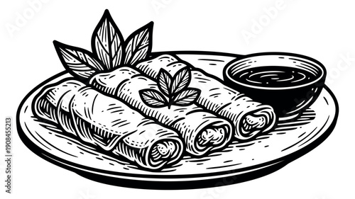 Hand drawn line art illustration of spring rolls on a plate with dipping sauce for a restaurant menu