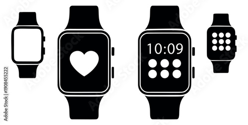 Minimalist smartwatch icon set featuring blank screen, heart rate, time, and app displays for modern wearable technology